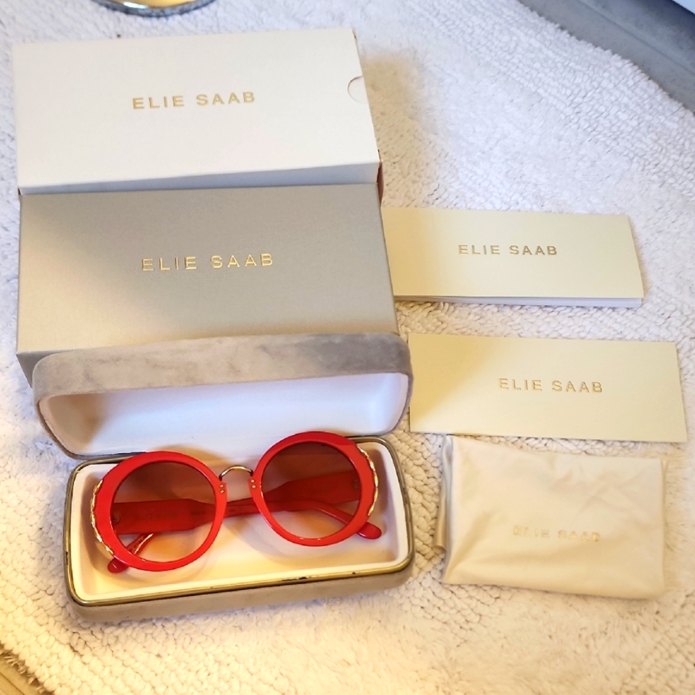 EUC ELIE SAAB, Red GRADIENT Sunglasses, Gold Detailing. Comes With Cases